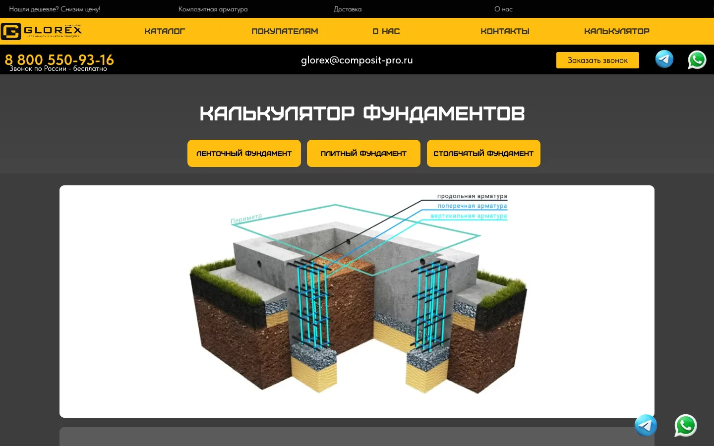 Калькулятор композитной арматуры на сайте composit-pro.ru — расчёт для фундаментов